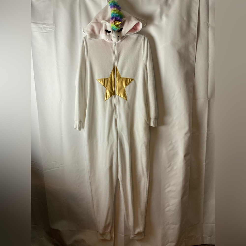 Xhilaration Womens M/L white fleece unicorn hooded one piece pajama romper